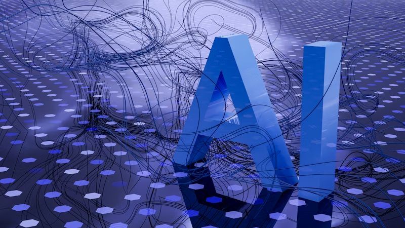Blaue 3D-Buchstaben AI auf einem digitalen Punktmuster