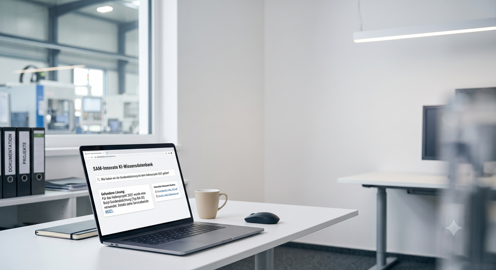 Laptop mit geöffneter Wissensdatenbank auf einem hellen Schreibtisch, daneben Ordner und eine Kaffeetasse