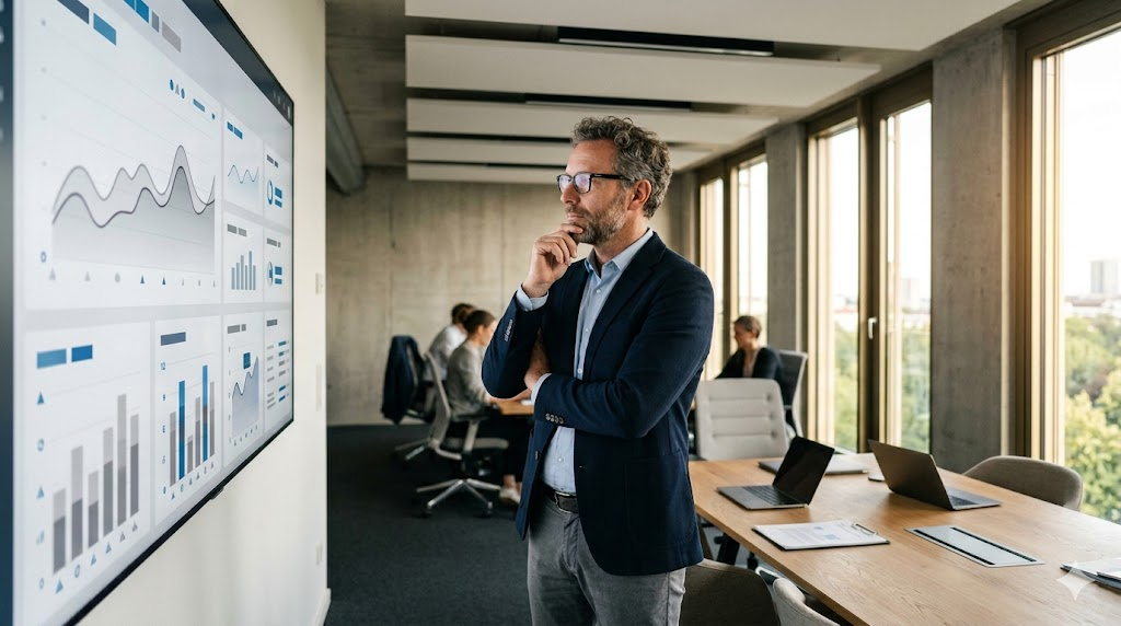 Mann im Sakko steht nachdenklich vor einer Wand mit Diagrammen in einem modernen Büro