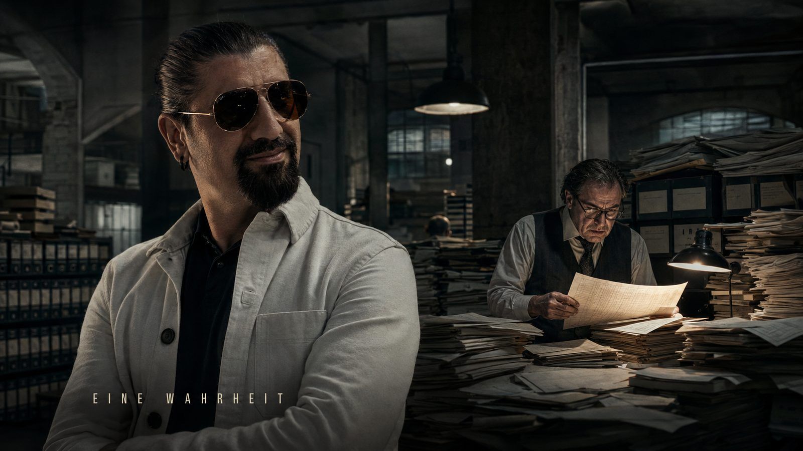 Hüseyin Torun mit Sonnenbrille, im Hintergrund sucht ein älterer Mann zwischen Aktenstapeln nach einem Dokument