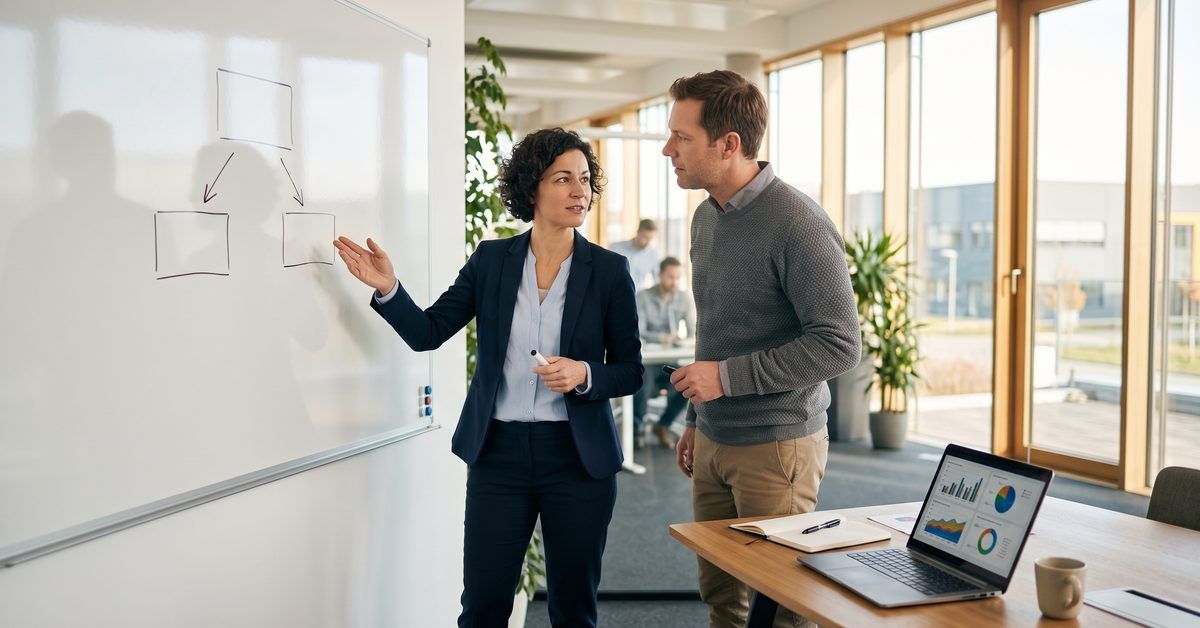 Geschäftsführer und Marketingleiterin eines Mittelstandsbetriebs skizzieren am Whiteboard die Verteilung des Marketingbudgets in drei Bereiche