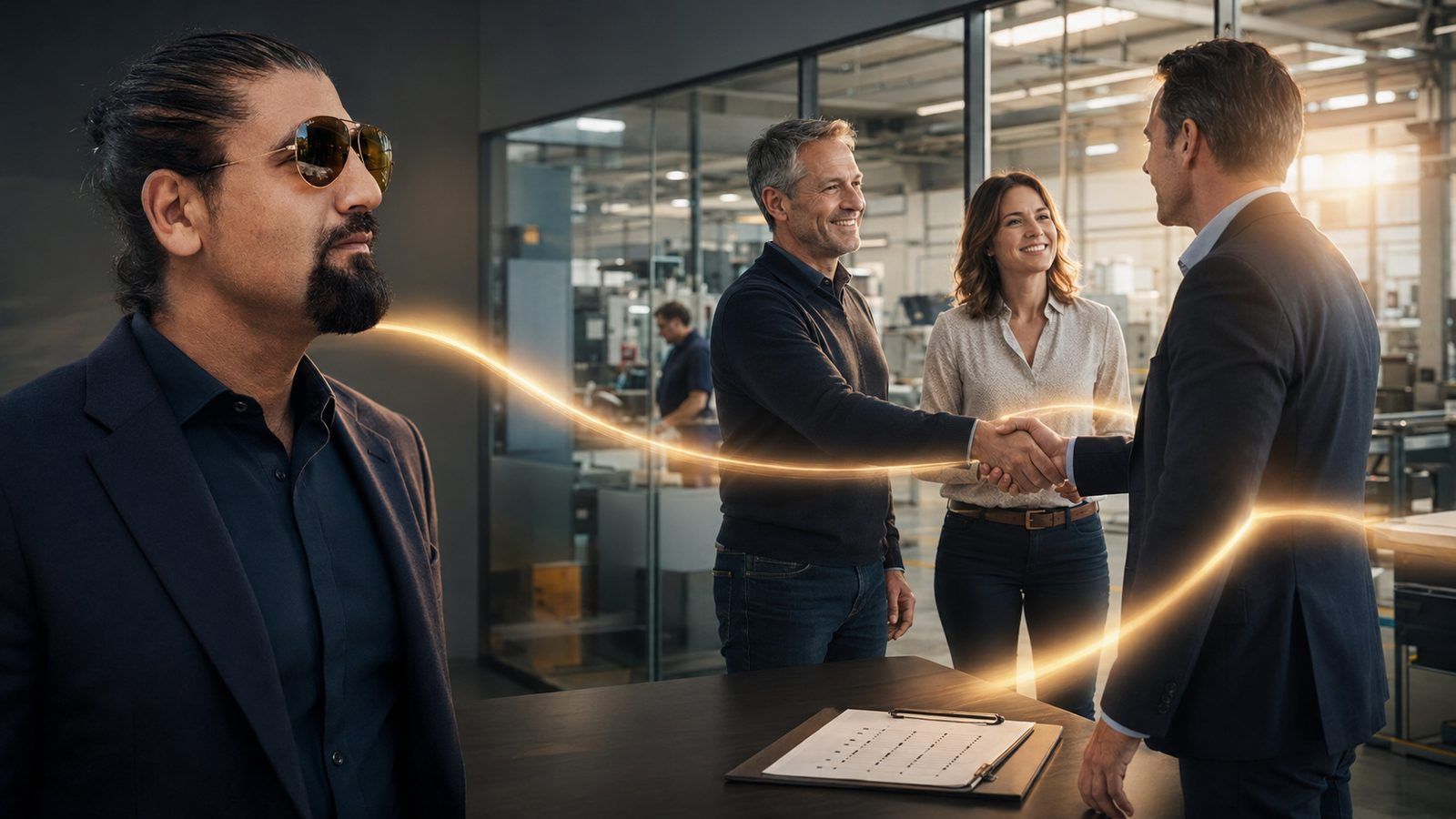Hüseyin Torun mit Sonnenbrille im Vordergrund, dahinter reichen sich Geschäftspartner in einem Büro die Hand